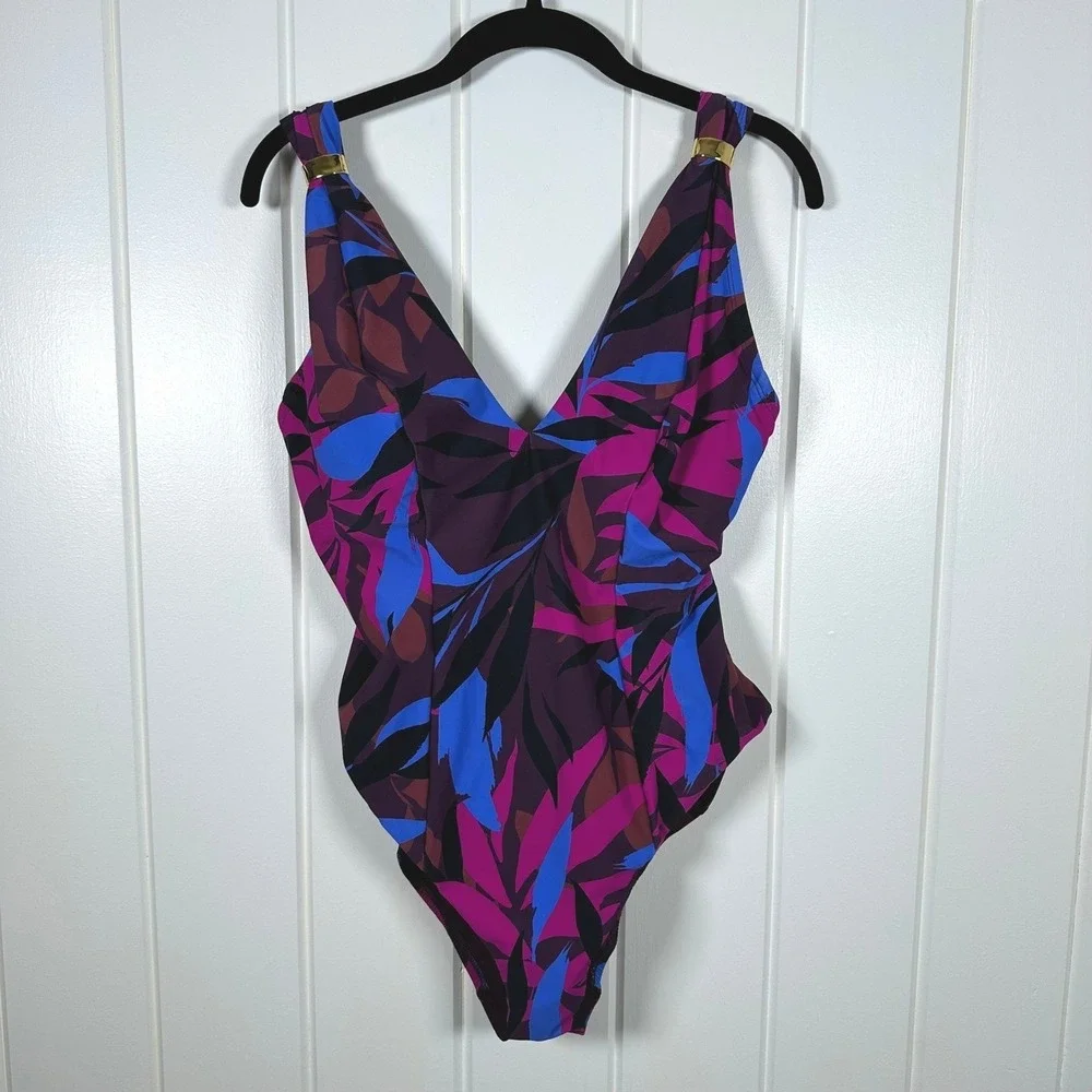 Amoressa One Piece Swimsuit 14 Purple Floral Rumba V-Neck Gold ToneHardware